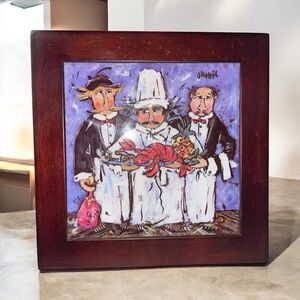 VintageVibrant Chef & Waiters Wall Art Tile in Wood Frame Signed by Artist 8”x8”
